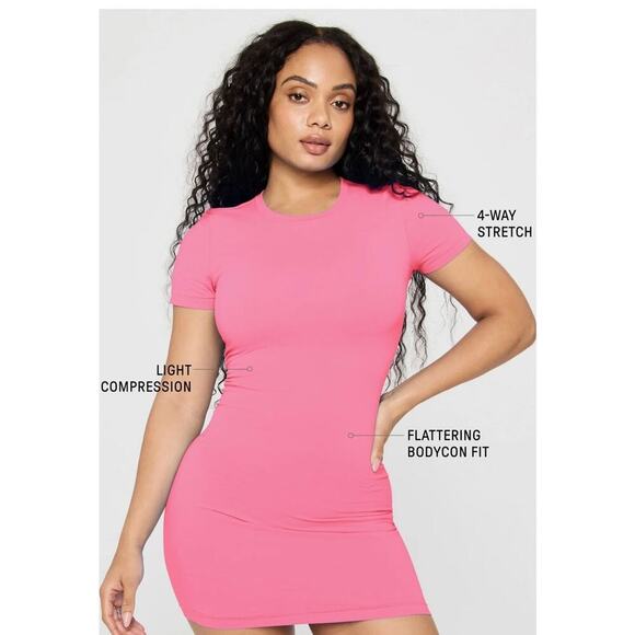 Fabletics Seamless Short Sleeve Mini Length Workout Dress Pink Cactus Sz L - Picture 3 of 11